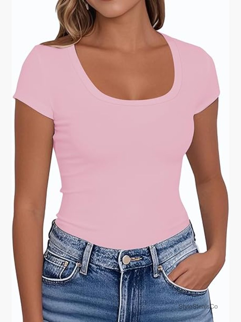 Short Sleeve Scoop Neck Fitted T-Shirt Stretchy Casual Workout Top